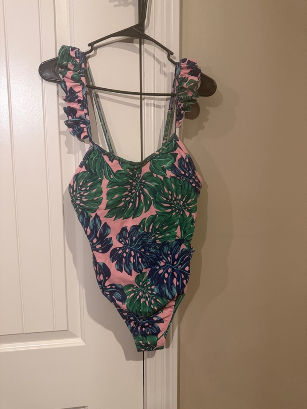 SHEIN Pink One-Piece Swimsuit with Green & Blue Leaf Print